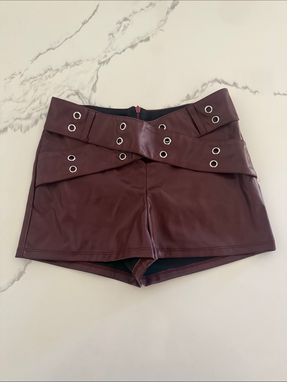 SHEIN Burgundy High-Waist Faux Leather Shorts with Grommet Detail